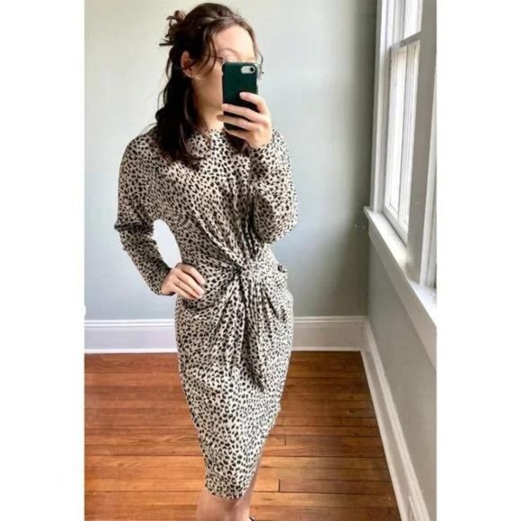 Vintage 90s White Black Leopard Cheetah Animal Print Ruched Dress - Picture 2 of 10